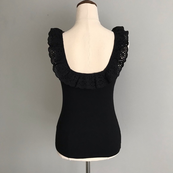 H&M Sleeveless Ribbed Tank Black Broderie Anglaise Lace Ruffled Neckline - Picture 5 of 11